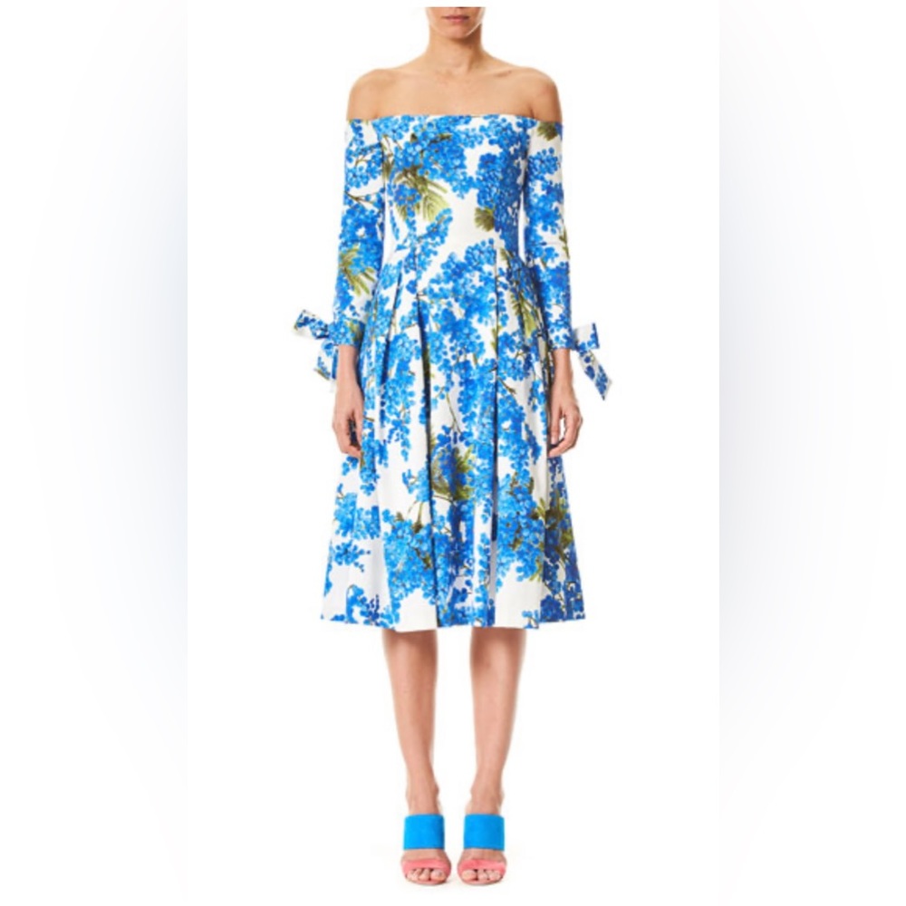 CAROLINA HERRERA Off-the-Shoulder Floral-Print Tie-Sleeves Midi Day Dress
